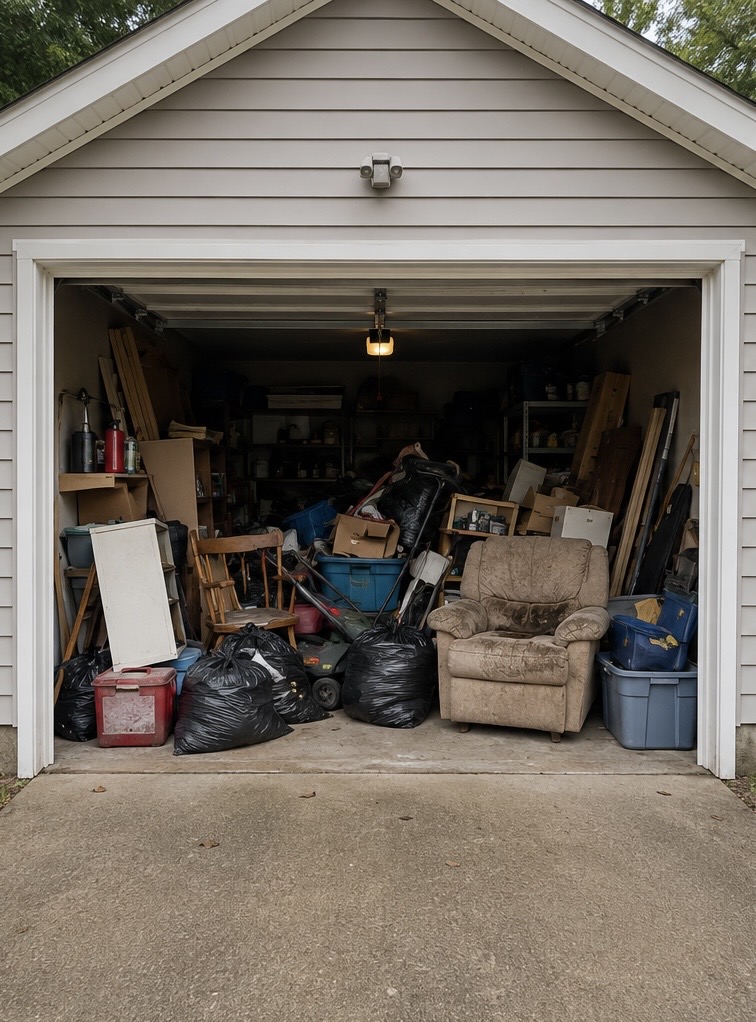 Garage packed with household clutter before junk removal