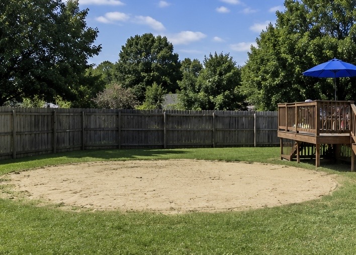 Same backyard with the above-ground pool removed, leaving a bare circle of ground