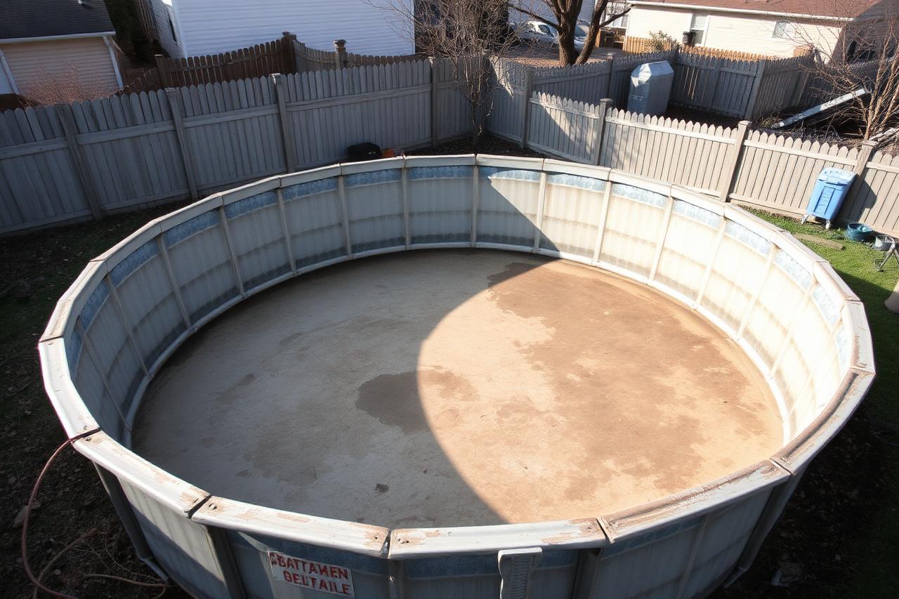 Empty above ground swimming pool in a suburban backyard before removal