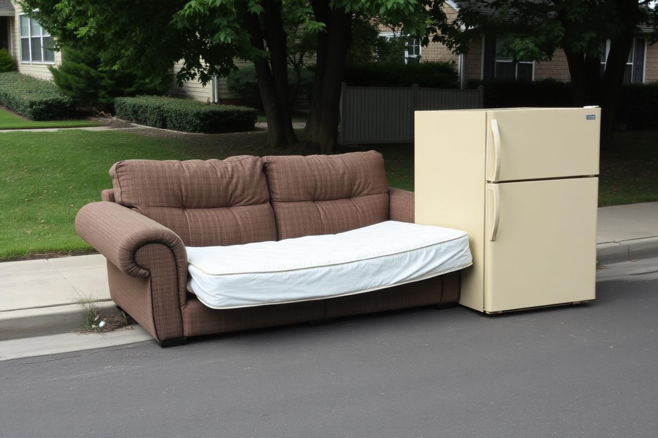 Old sleeper sofa, mattress and refrigerator set at the curb for furniture and appliance removal