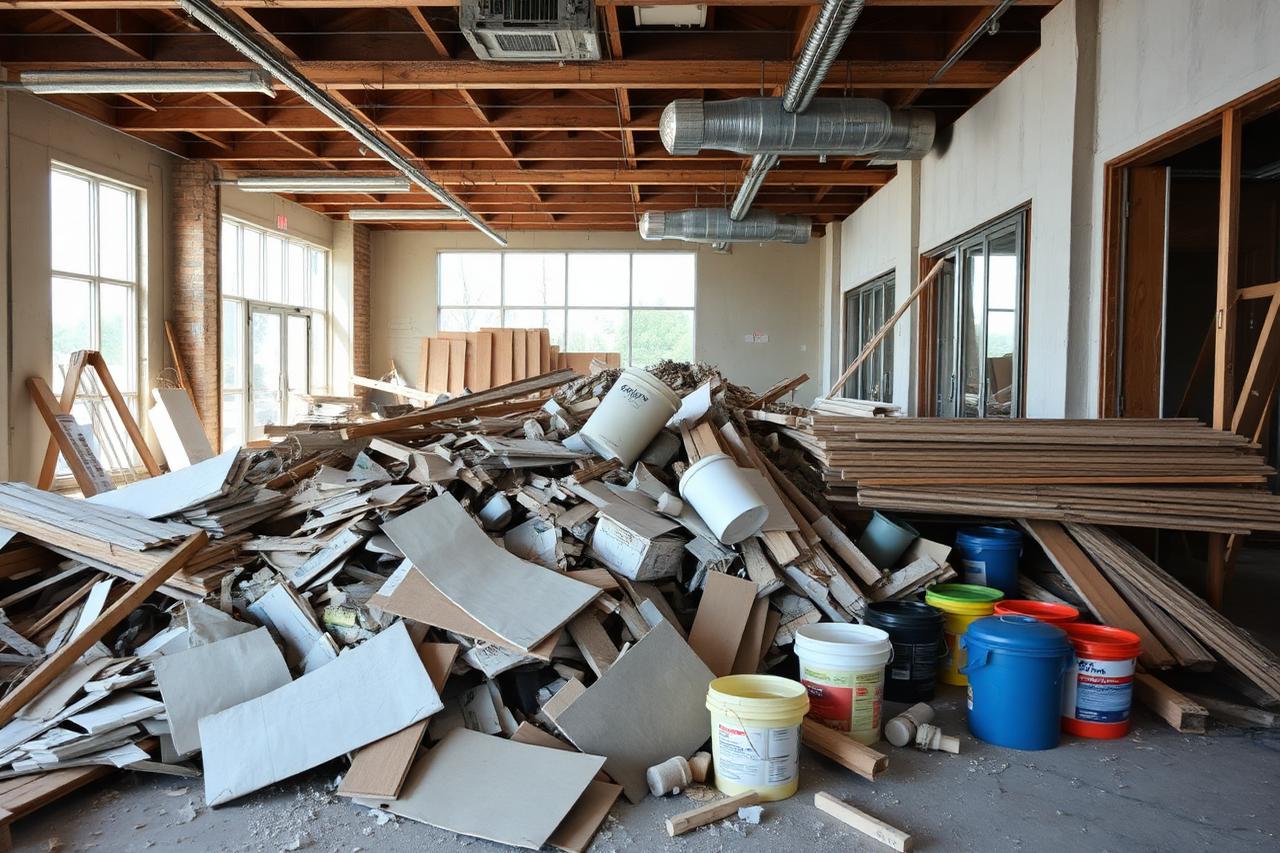 Drywall, lumber and bucket debris piled inside a gutted commercial space