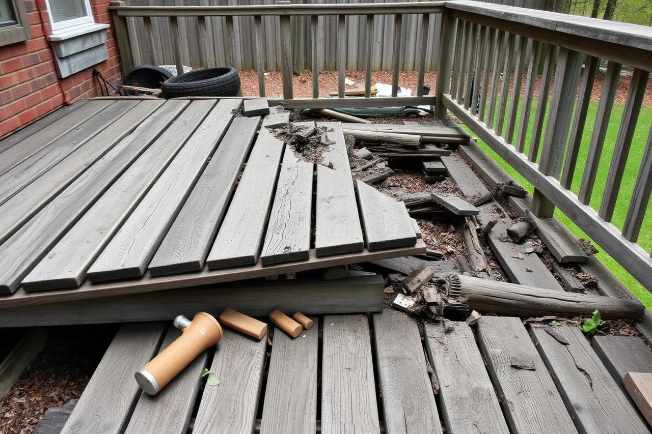 Rotting wooden backyard deck boards being torn out during deck removal