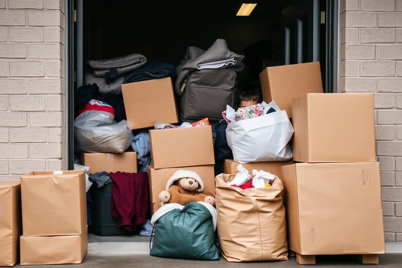 Boxes and bags of donated clothing and household goods staged for donation pickup