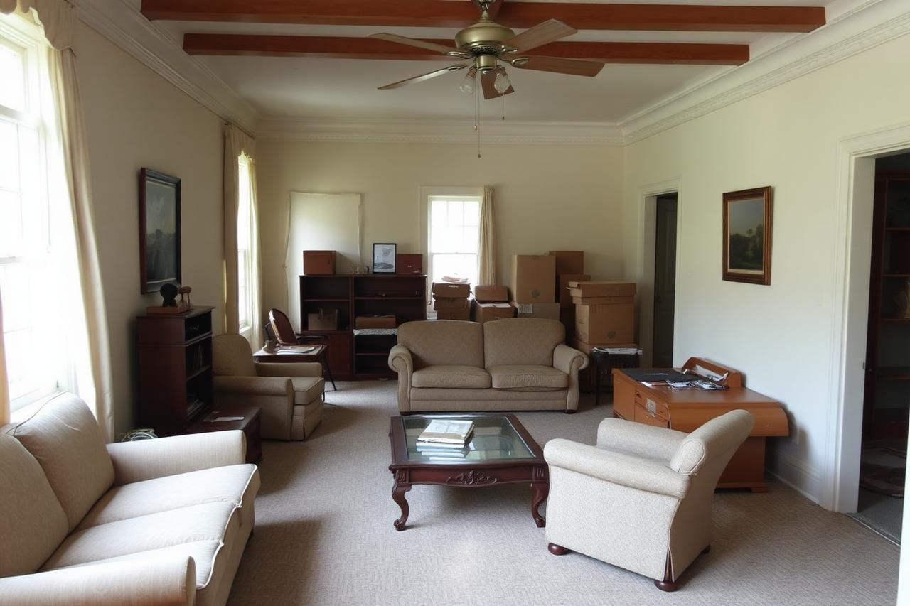 Older home living room with dated furniture and packed boxes during an estate cleanout