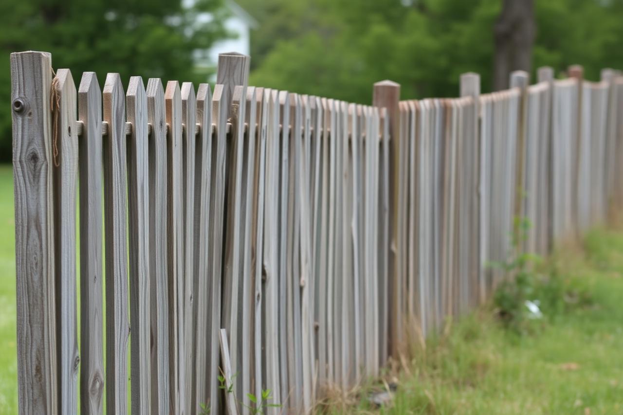 Leaning weathered wood privacy fence with broken pickets before fence removal