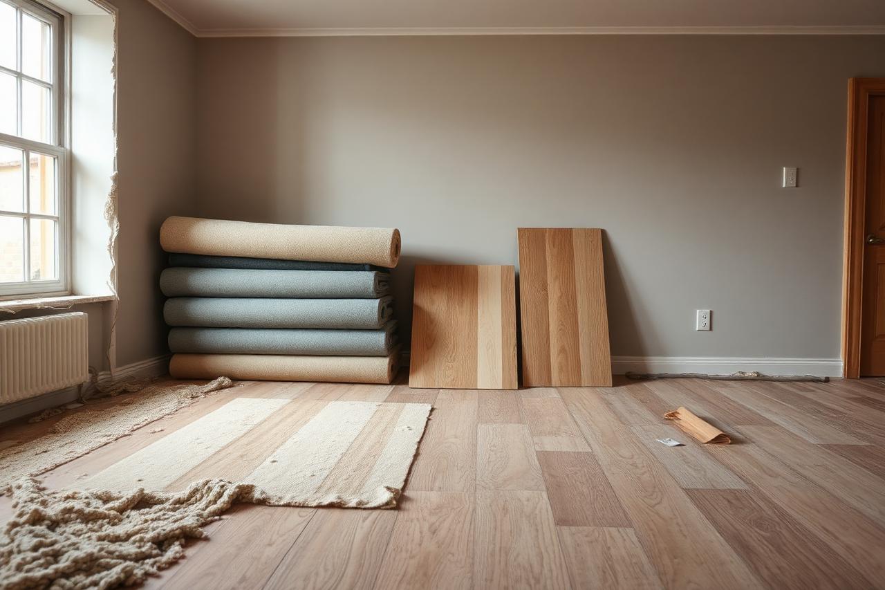 Rolled-up old carpet and pried-up laminate planks stacked in an empty room