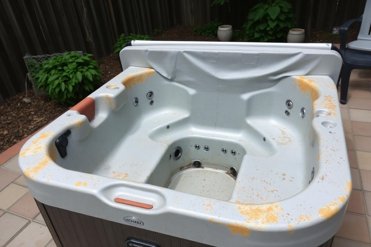 Weathered backyard hot tub with faded cover ready for removal
