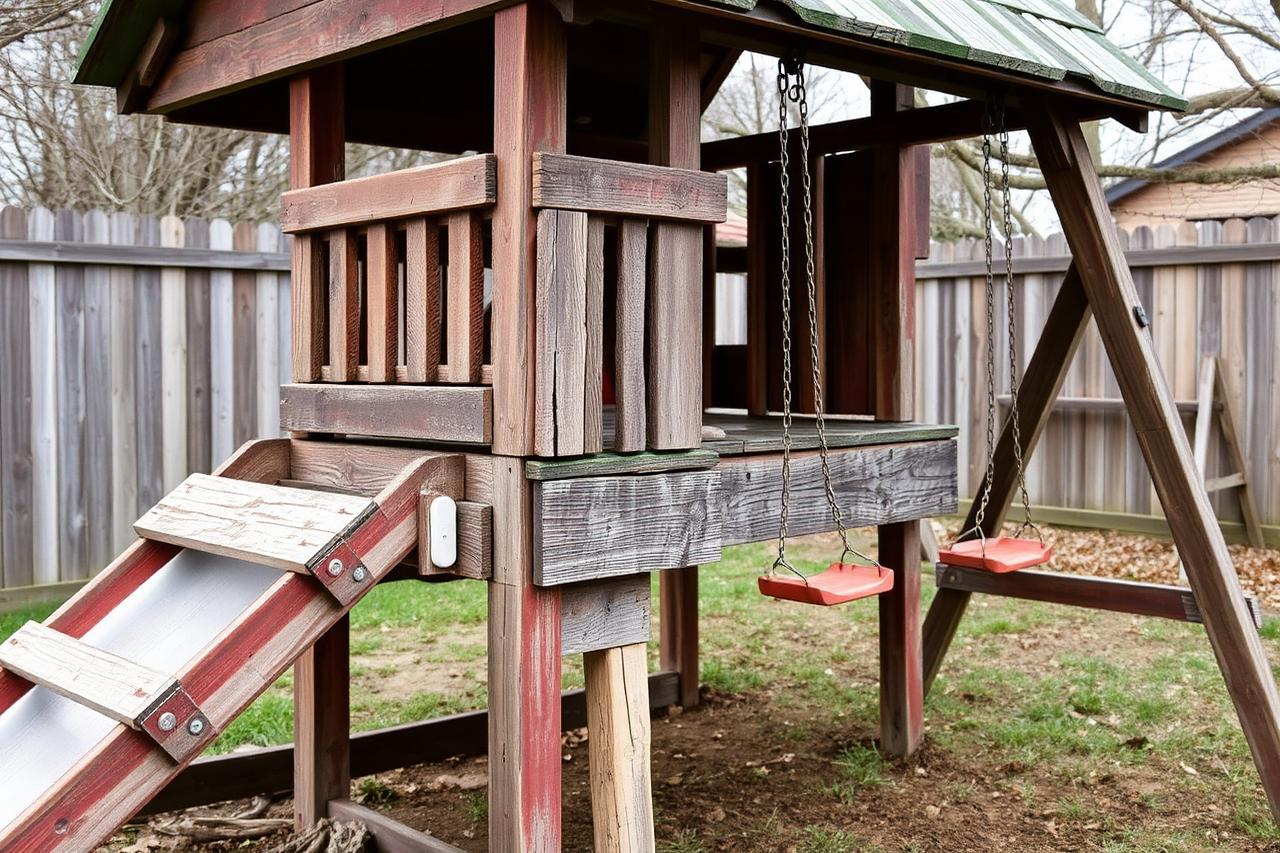 Weathered wooden backyard playset with slide and swings before removal