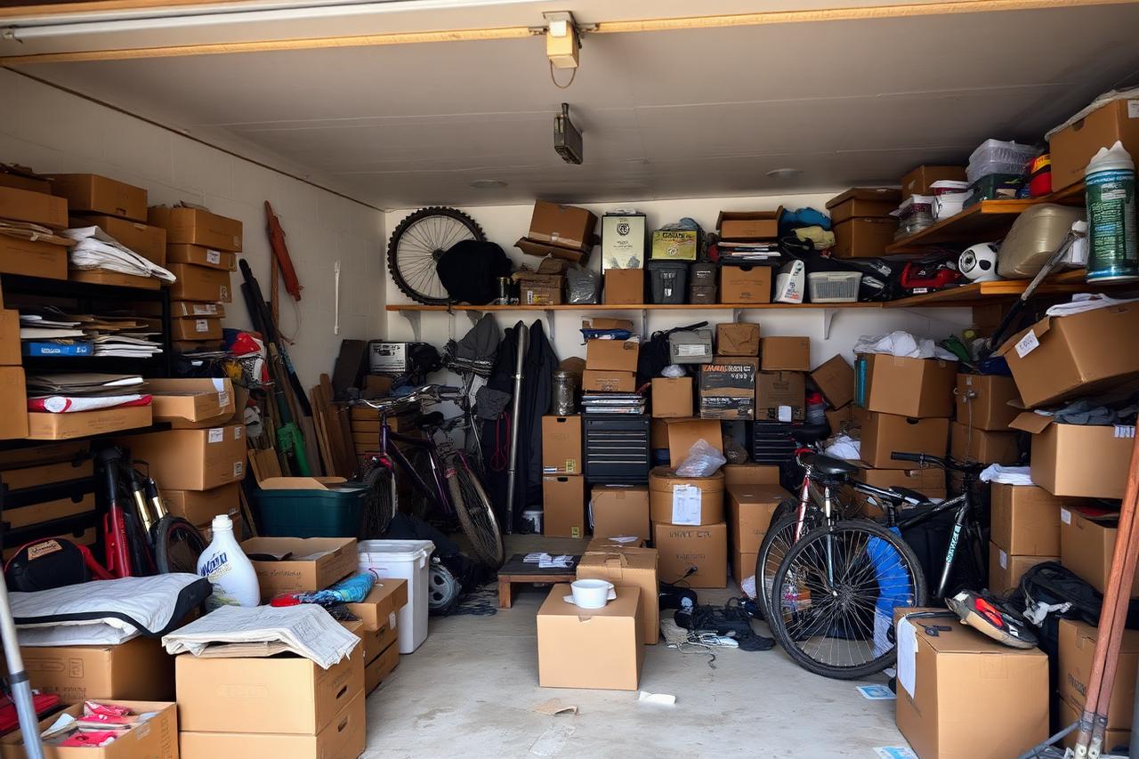 Cluttered residential garage packed with boxes, tools and bikes before a cleanout