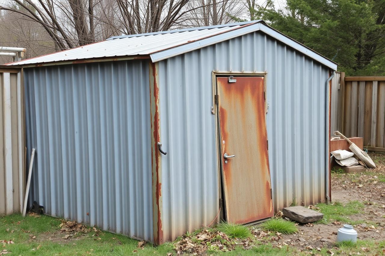 Rusted metal backyard storage shed before demolition and haul-away