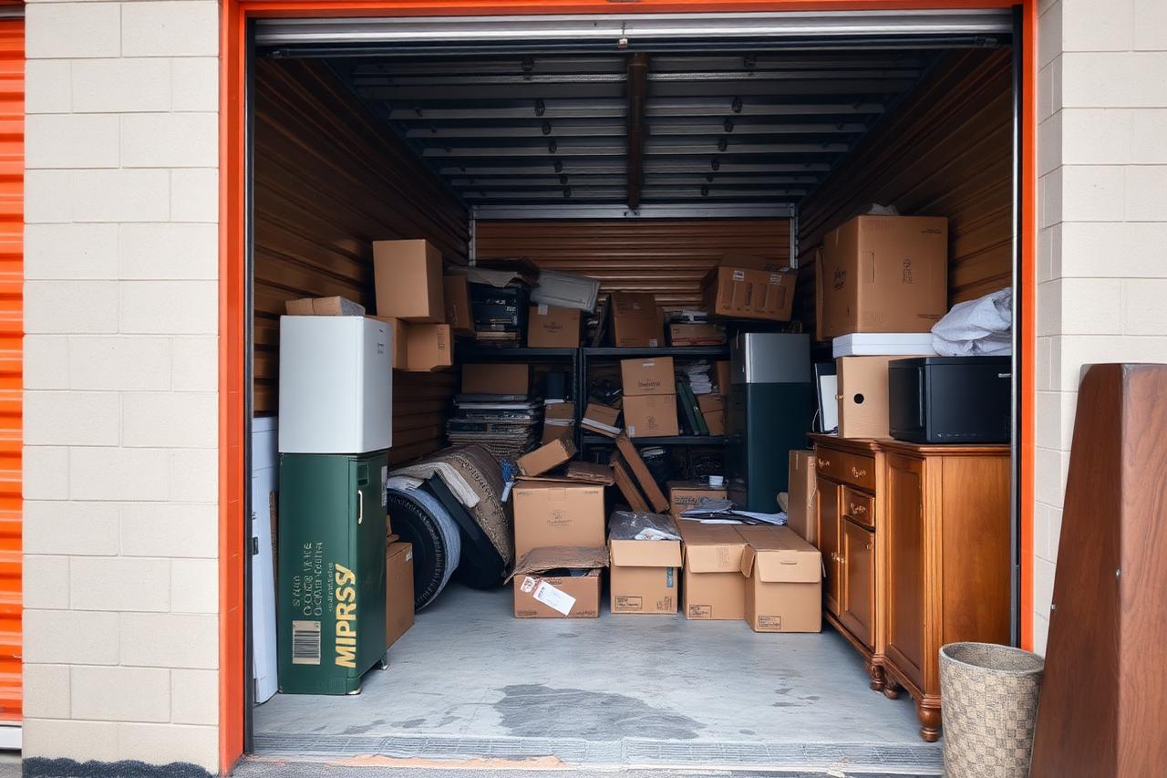 Open self-storage unit crammed with boxes and old furniture before a storage unit cleanout