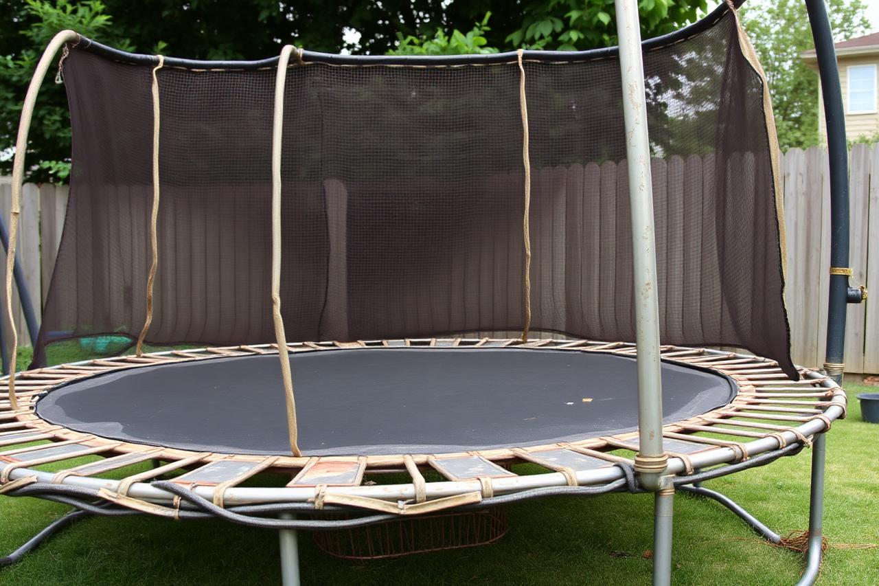 Old backyard trampoline with worn safety net ready for teardown and removal