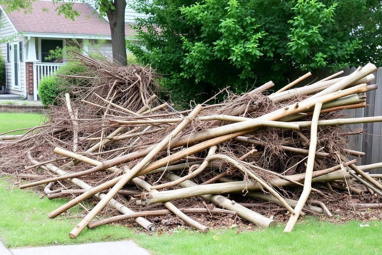 Pile of storm debris, tree limbs and brush stacked in a residential yard